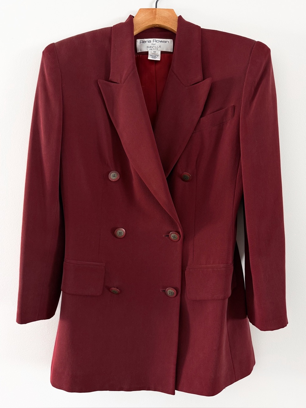 Vintage Rena Rowan for Saville Petite 100% Silk Double Breasted Blazer Burgundy